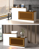 L-shaped Reception Desk, Solid Wood Reception Desk with Counter, Check out Stand with Lockable Drawer & Cabinet, Retail Checkout Counter for Office, Store, Beauty Salon (L-Shaped-Dark Walnut-R, 63in) Gguileb