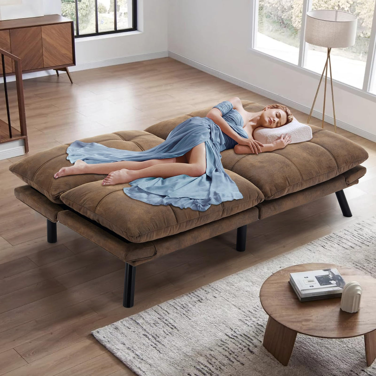 SoarFlash 67 Inch Futon Double Sofa Bed, 2 in 1 Velvet Loveseat with Adjustable Backrest Memory Foam Sofa for Living Room Bedroom Office Apartment Compact Couch(Brown) SoarFlash