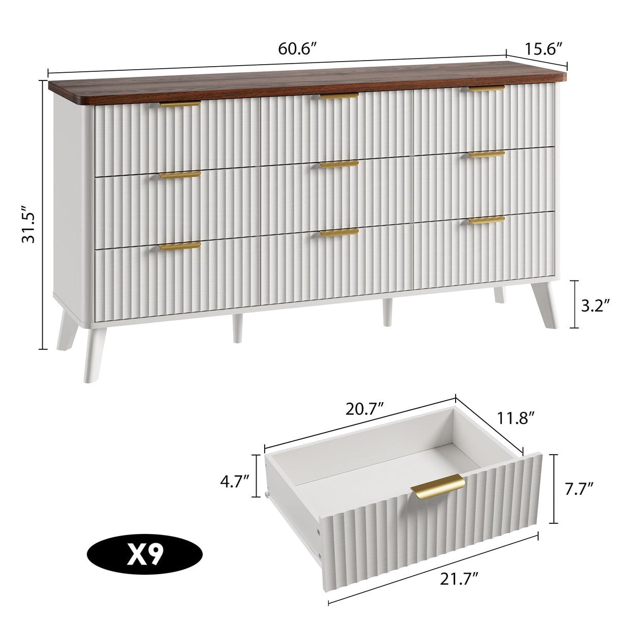 Garvee 9 Drawers Dresser for Bedroom, 60.6" Wide Dressers with Curved Profile Design, Fluted Wood Drawers with Gold Handle, Modern Chest of Dressers with Thickened Design for Living Room, White Garvee