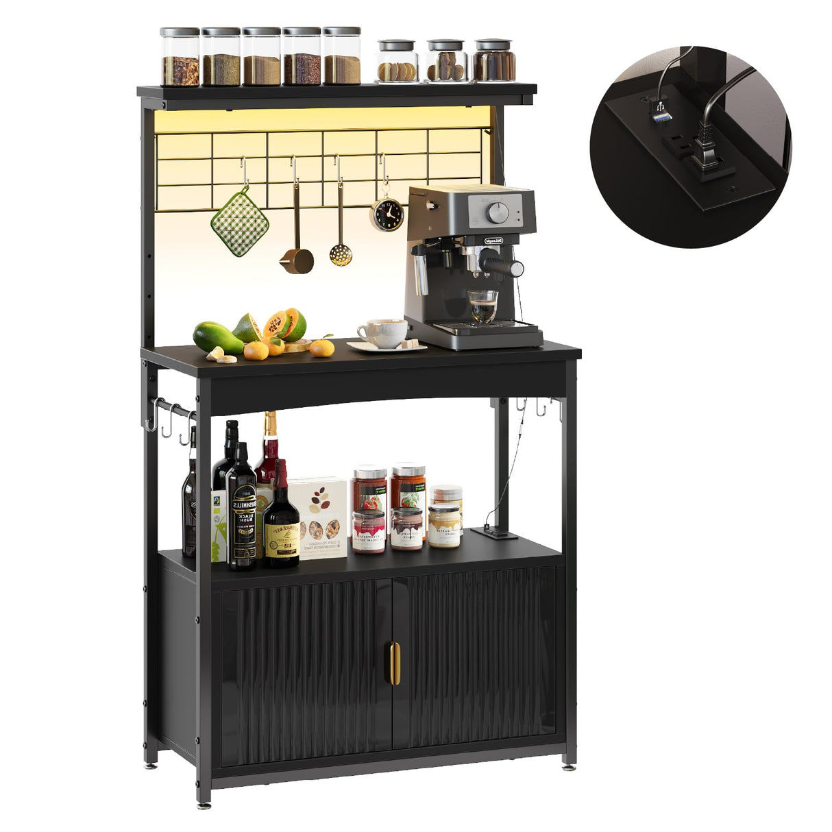Bestier Bakers Rack with Power Outlet, Height-Adjustable 45" to 55" Kitchen Microwave Stand with Storage Cabinet, Coffee Bar Cabinet with LED Light, Kitchen Stand with 10 S-Hooks (Black) Bestier