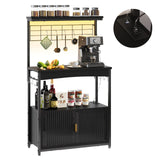 Bestier Bakers Rack with Power Outlet, Height-Adjustable 45" to 55" Kitchen Microwave Stand with Storage Cabinet, Coffee Bar Cabinet with LED Light, Kitchen Stand with 10 S-Hooks (Black) Bestier