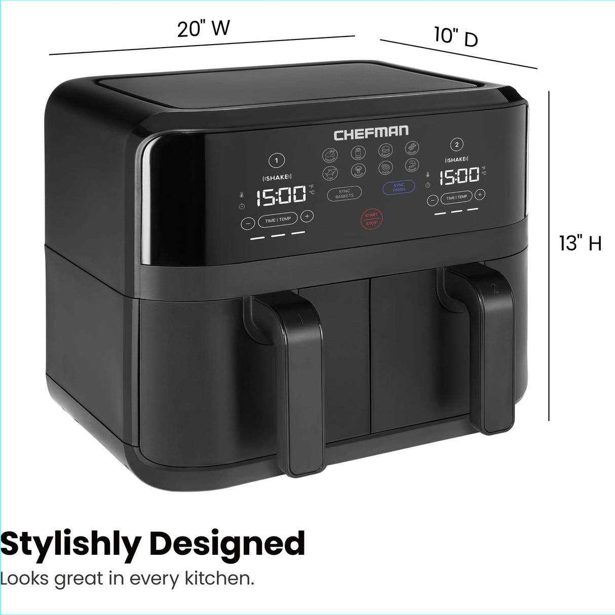 Chefman TurboFry Touch Dual Air Fryer, Maximize The Healthiest Meals With Double Basket Capacity, One-Touch Digital Controls And Shake Reminder For The Perfect Crispy And Low-Calorie Finish Chefman