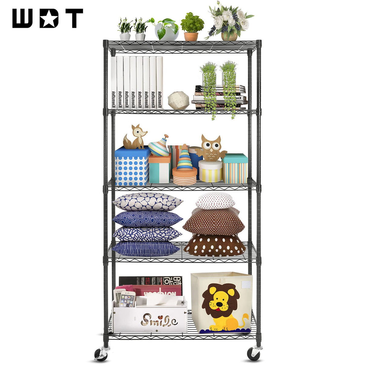 WDT 5 Tier Shelf Shelving Unit with Wheels,Adjustable Metal Shelves for Storage, NSF Certified Wire Shelving Rack,1750Lbs Capacity Heavy Duty WDT
