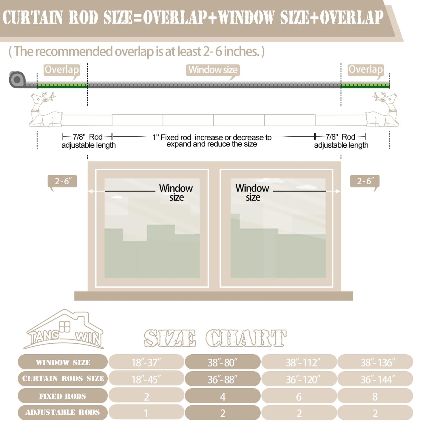 TANGWIN Wood Curtain Rods for Windows 48 to 84 Inch(4-7Ft),1 Inch Adjustable Curtain Rod,Rustic Wooden Curtain Rod,Decorative Deer Drapery Rods,Single Window Curtain Rods 36-88",Brown Wood Gr - WoodArtSupply