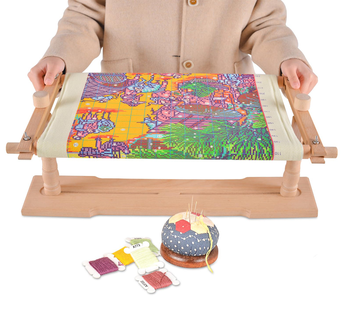 Rotated Table Embroidery Frame Stand - Adjustable Cross Stitch Scroll Frame, Beech Wood Quilting Frame Needlepoint Holder Stretch Bar for Stitching Sewing Craft guofa