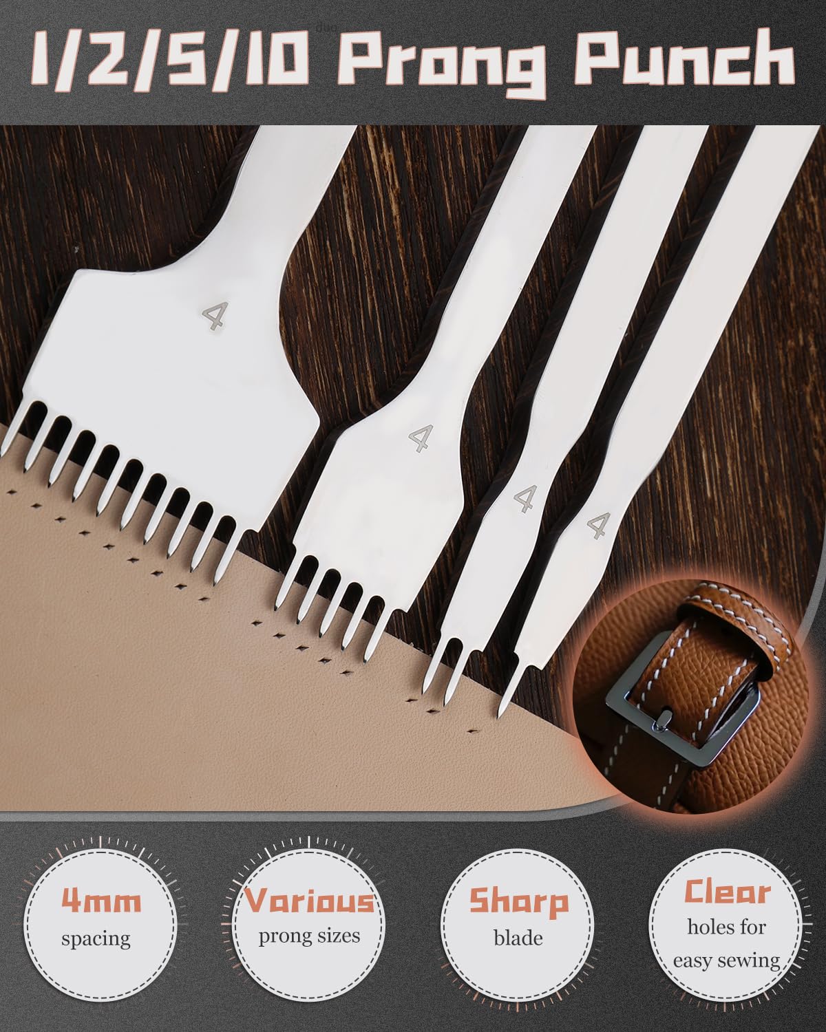 FOUSNOW Leather Stitching Punch, 10 Prong Leather Fork Prong Punch, 4mm Lacing Stitching Chisel Tools, DIY Working Tools for Punching FOUSNOW