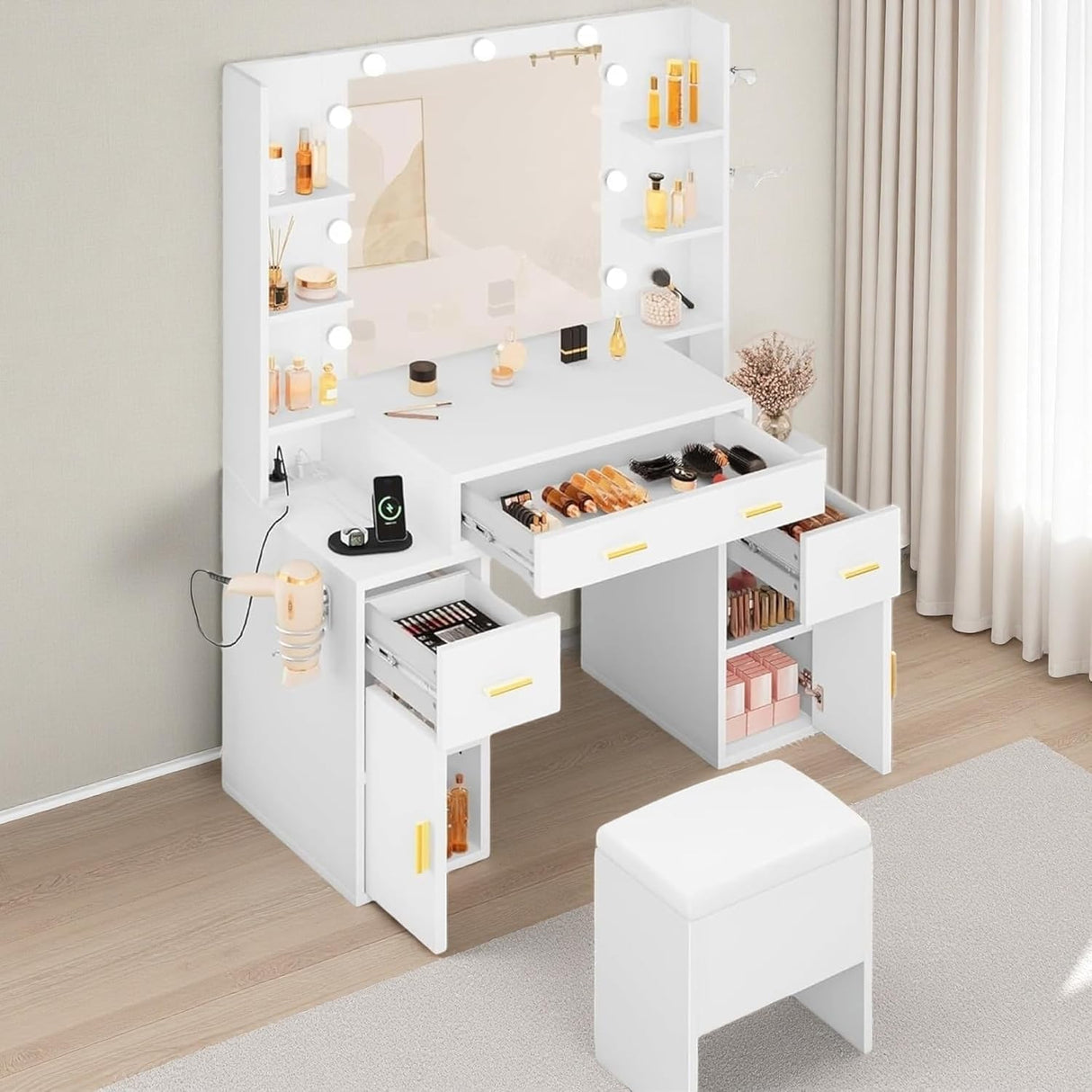 DWVO Vanity Desk with Large Mirror and LED Lights, Makeup Vanity Table Set with Power Outlets, Comfy Stool & Storage Drawers, Shelves and Cabinets, 3 Lighting Modes Makeup Table, Dressing Room, White DWVO