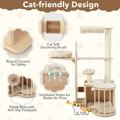 Tangkula Tall Cat Tree for Indoor Cats, 55 Inch Multi-Level Cat Tower Activity Center with Hammock, Cat Condo, Sisal Scratching Posts & Washable Cushions, Wooden Modern Cat Tree Houses for Large Cats