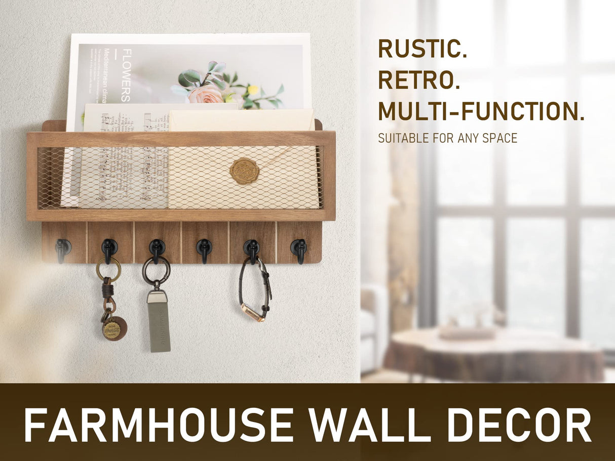 Rebee Vision Farmhouse Key Holder for Wall with Mail Storage Basket : Decorative Wall Mount Organizer with 6 Sturdy Wall Hooks and Wooden Key Rack - Rustic Home Decor (Retro Brown) Rebee Vision