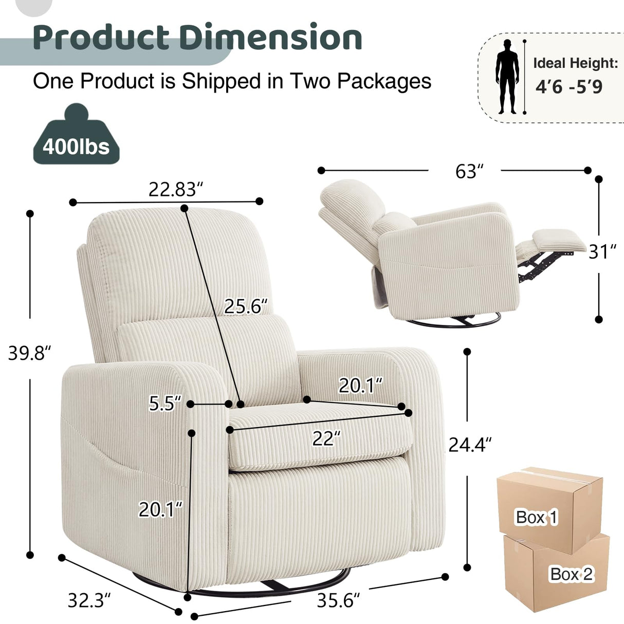 AEMEIOS Swivel Rocker Recliner, Oversized Manual Nursery Glider Rocking Recliner Chair with Removable Cushion, Upholstered Swivel Reclining Chair for Nursery Living Room Bedroom, Corduroy White AEMEIOS