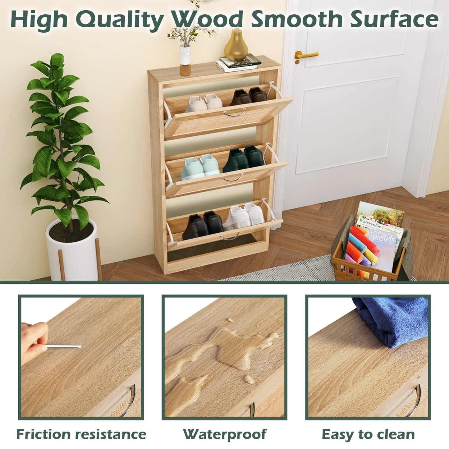 HOPUBUY Shoe Cabinet for Entryway, Narrow Shoe Storage Cabinet, Hidden Rattan Shoe Cabinet Wood 3 Tier Slim Shoe Rack for Home and Apartment, Nature