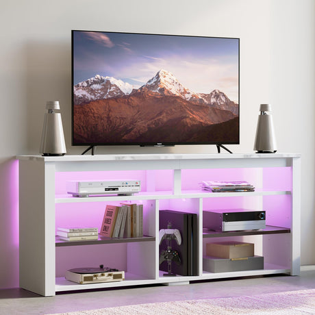 Bestier LED Tall Entertainment Center, 55 inch TV Stand for 55/60/65 inch TV, TV Console with Storage for PS5, Media TV Cabinet with Adjustable Shelf for Living Room, White Marble Bestier