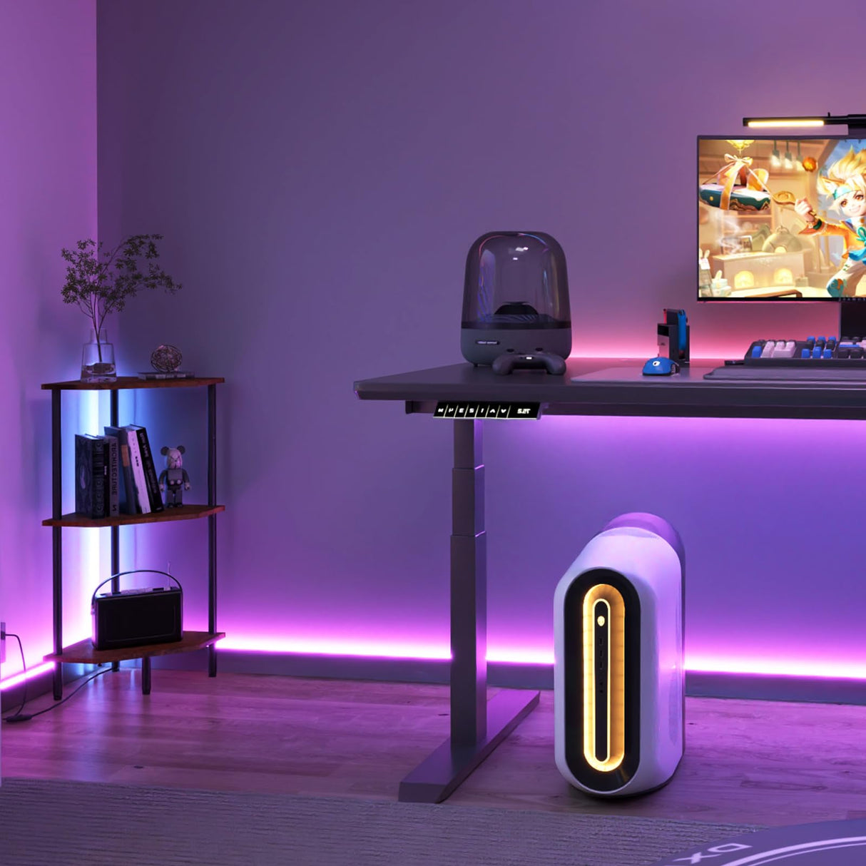 QLSPTFTS 3 Tier Corner Shelf with LED Light,Bookcase for Small Spaces,Display Shelf,Narrow Bookshelf,Plant Stand,Rustic Brown and Black,Suitable for Bedroom,Living Room,Kitchen QLSPTFTS