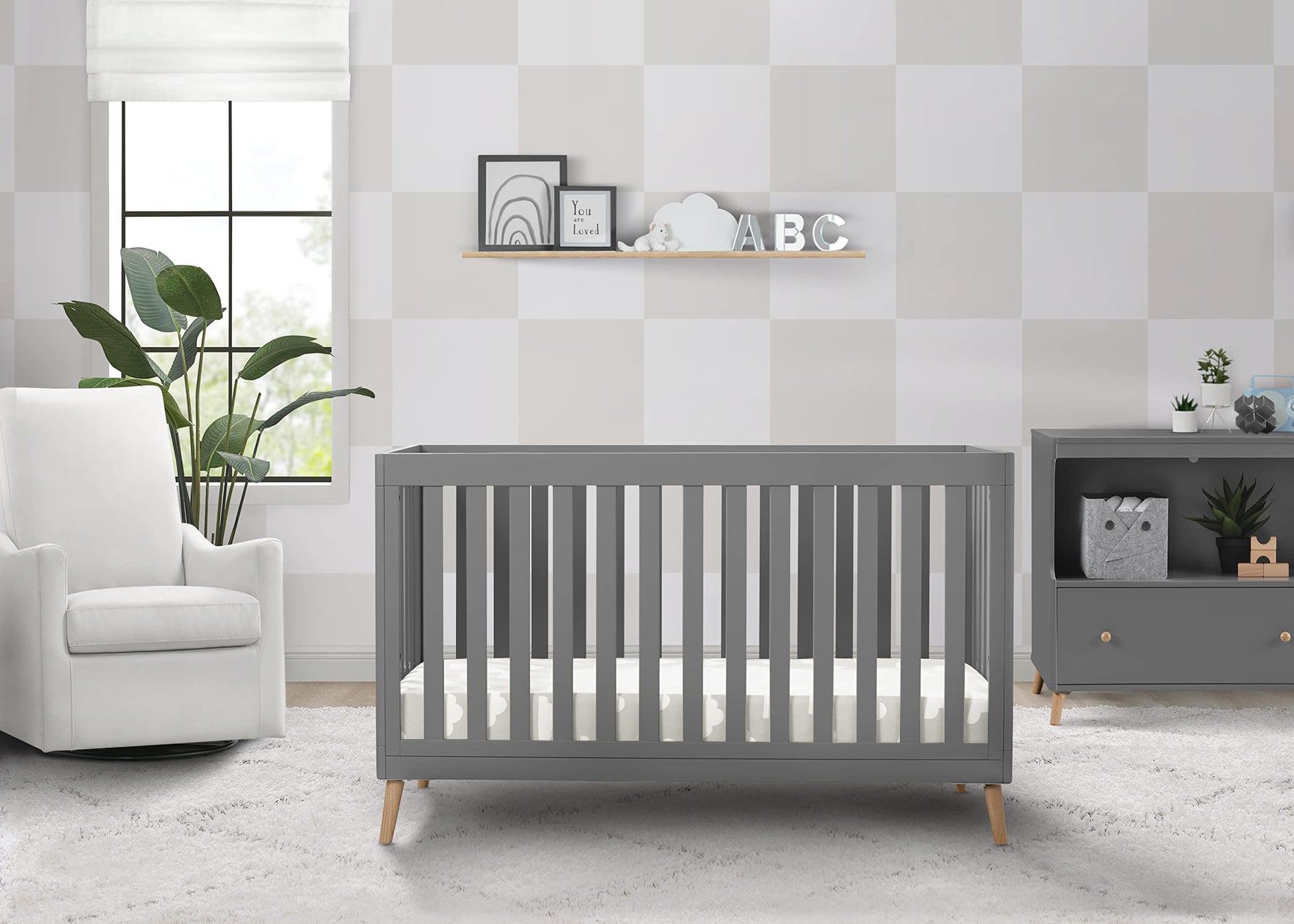 Delta Children Essex 4-in-1 Convertible Baby Crib, Grey with Natural Legs - WoodArtSupply