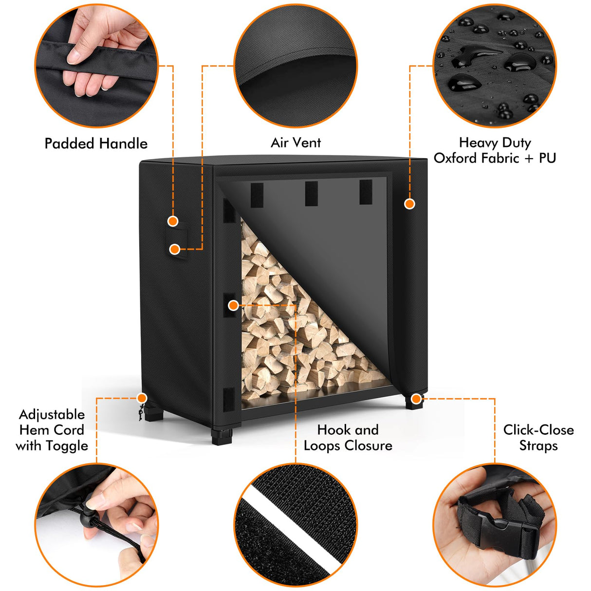 WLEAFJ Outdoor Firewood Rack Cover 4 feet, Log Rack Cover Waterproof, Wood Cover for Log Holder, 48" W x 24" D x 41" H, Black WLEAFJ