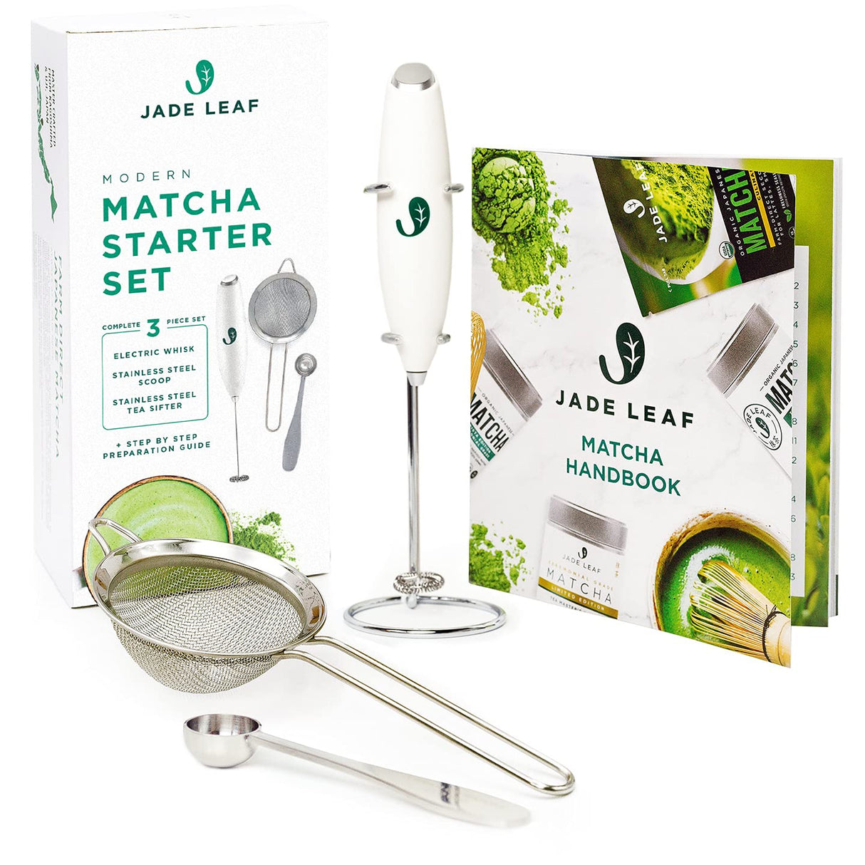 Jade Leaf Matcha Modern Starter Set - Includes: Electric Matcha Whisk + Milk Frother, Stainless Steel Spoon, Stainless Steel Sifter, and Printed Handbook Jade Leaf Matcha
