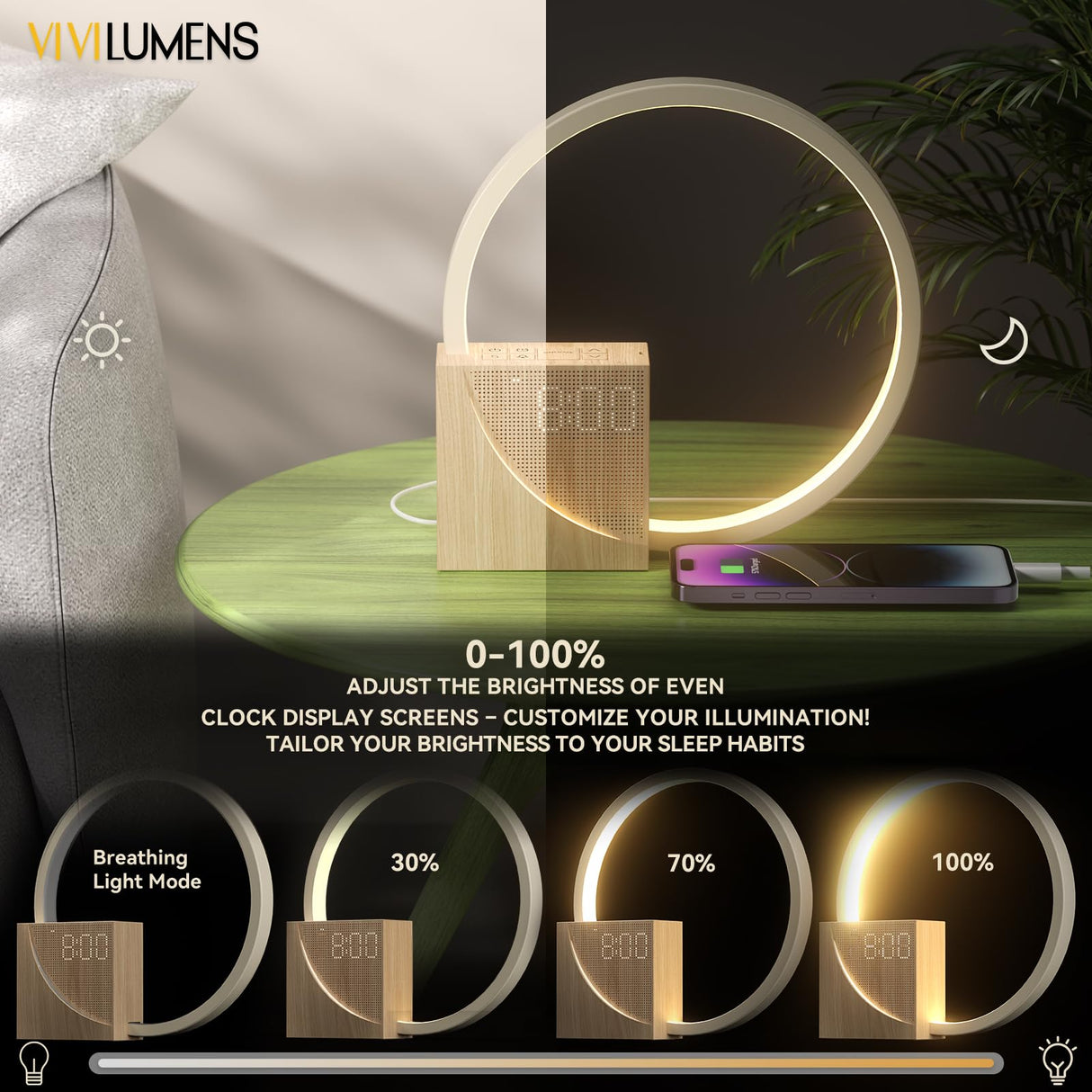 Vivilumens Sunrise Alarm Clock for Heavy Sleepers Adults, Wake-up Light, Sleep Aid 10 White Noise Sound Machines with 30/60/90 Timer, 3 Level Dimmable Touch Table Lamp with Snooze USB Charger Port Vivilumens