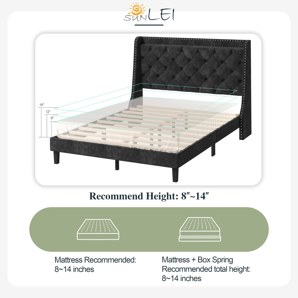 SUNLEI Queen Size Bed Frame with Diamond Tufted Headboard and Storage, Upholstered Platform Bed Frame Queen with 2 Large Wingbacks, Sturdy Wooden Slats Support, Easy Assembly, Velvet Black SUNLEI