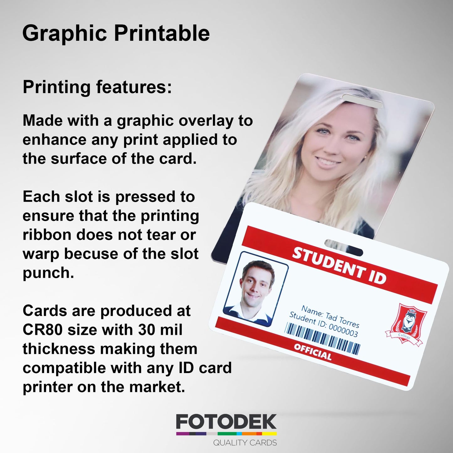 FOTODEK - 100 Portrait- Slot Punched Blank White Printable ID Cards - Made for Dye-Sublimation ID Card Printers - Highly Durable - CR80 Size (Portrait Slot)