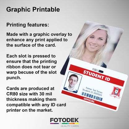 FOTODEK - 100 Portrait- Slot Punched Blank White Printable ID Cards - Made for Dye-Sublimation ID Card Printers - Highly Durable - CR80 Size (Portrait Slot)