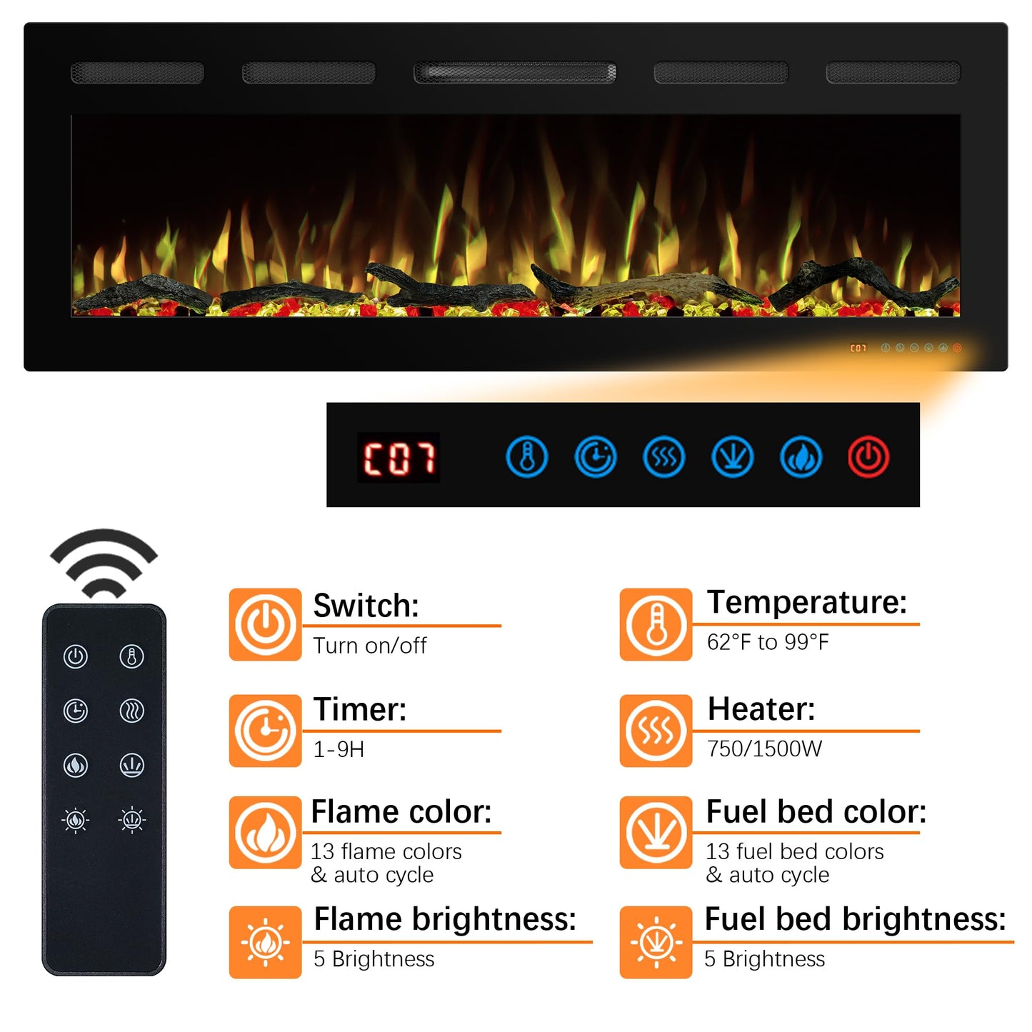 Kentsky 60" WiFi Electric Fireplace Inserts, Recessed and Wall Mounted Fireplace Heater W/Adjustable Flame Color & Brightness, Thermostat, 9H Timer, App and Remote Control, Low Noise, 750/1500W