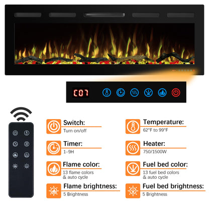 Kentsky 60" WiFi Electric Fireplace Inserts, Recessed and Wall Mounted Fireplace Heater W/Adjustable Flame Color & Brightness, Thermostat, 9H Timer, App and Remote Control, Low Noise, 750/1500W