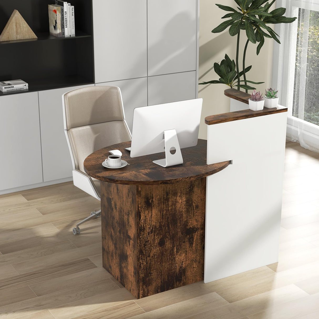 IFANNY Reception Desk, 48’’ Retail Counter w/Lockable Drawer & Storage Shelf, L-Shaped Reception Table, Wooden Computer Desk for Salon, Restaurant, Office (Rustic Brown & White) IFANNY