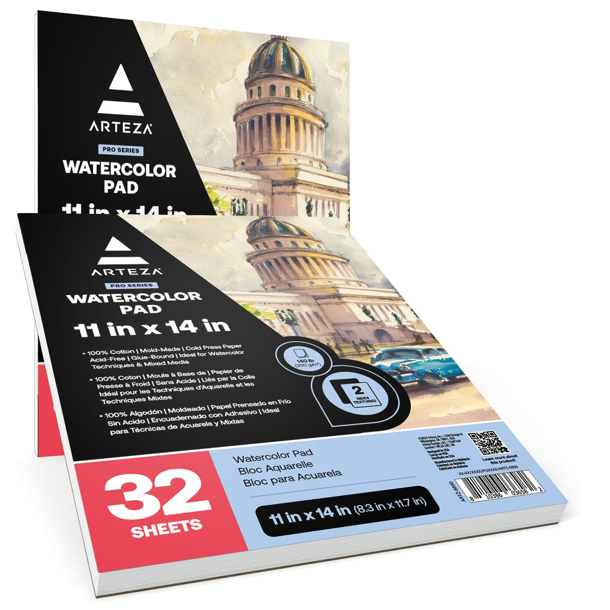 ARTEZA Watercolor Paper, Pack of 2, 32 Sheets Each, 11x14 Inches Watercolor Sketchbook, 140lb/300gsm, Cold Press, Acid Free Art Paper ARTEZA
