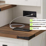 RedLemon 48'' Farmhouse Makeup Vanity Desk with Led Lighte Mirror,Modern Vanity Table with 7 Drawers & Charging Station, Glass Top Dressing Table for Bedroom (Antique White) RedLemon