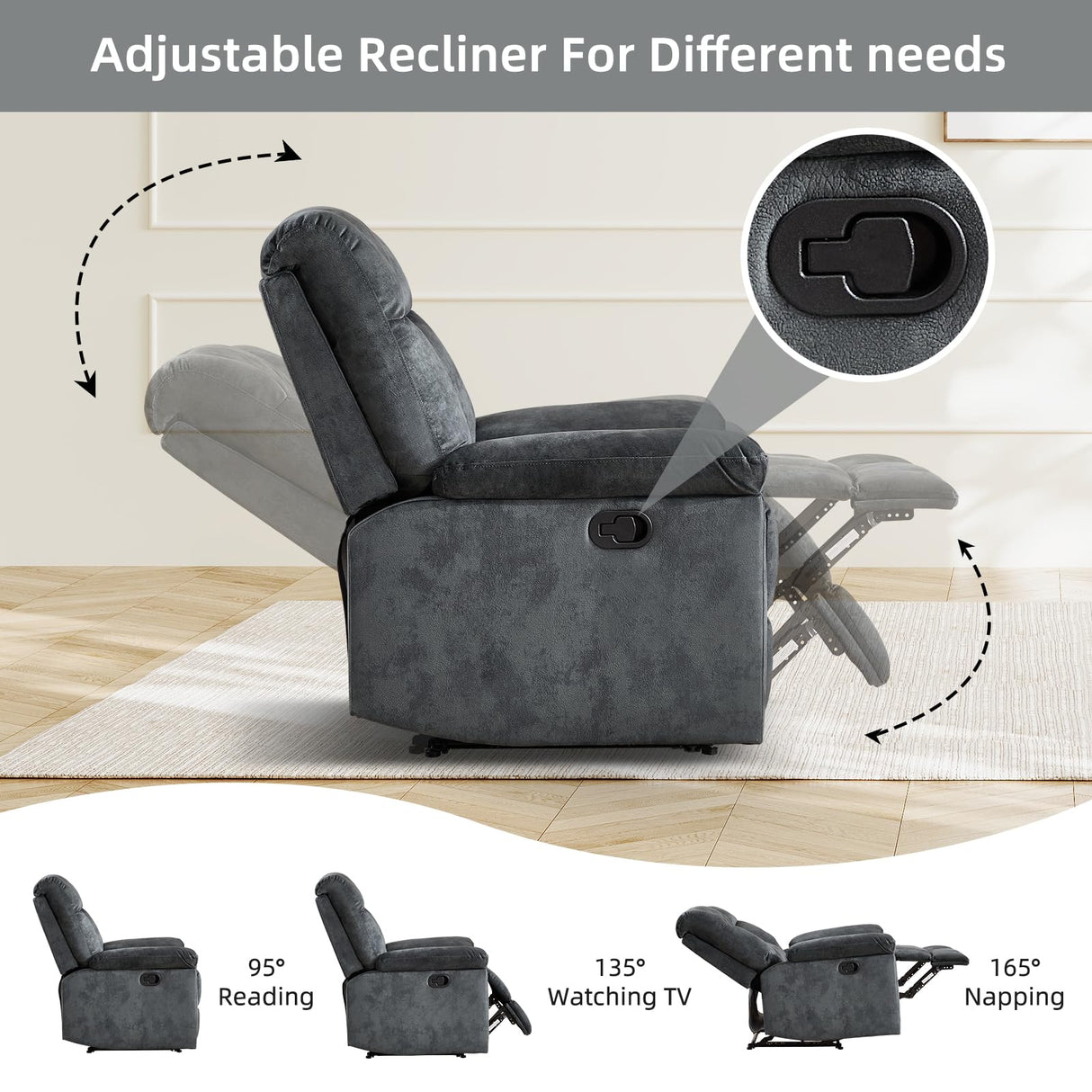 EBELLO Manual Recliner Chair for Adults with Soft Padded Headrest and Backrest, Overstuffed Single Recliner Sofa Chair for Living Room, Grey EBELLO