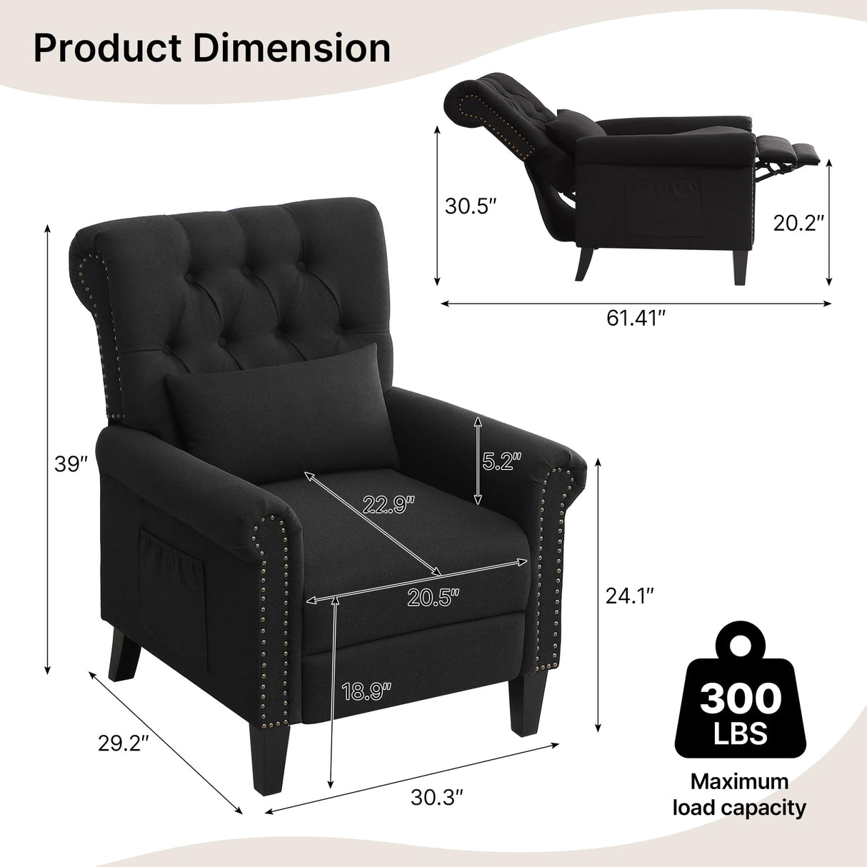 choairy Pushback Recliner Chair, Accent Push Back Chair Set of 2 with Adjustable Footrest Wingback, Upholstered Linen Reclining Sofa with Side Pocket, Comfy Modern Armchair for Living Room, Black choairy