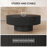 YOUDENOVA 31.5” Round Fluted Coffee Table, Modern Wood Circle Coffee Table, Veneer Handcrafted Relief Tea Table with Sturdy Pedestal for Living Room，Easy Assembly - Black YOUDENOVA