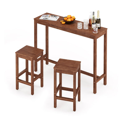 Cozyman 53 inch Bar Table and Chairs Set, Acacia Wood Pub Table with 2 Stools, Rectangular Counter Height Table Set for Dining Room, Kitchen, Living Room, Teak Brown