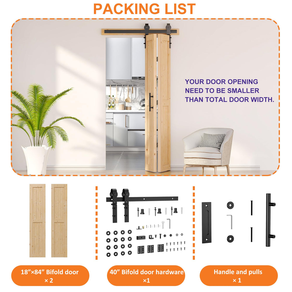 SKYSEN 36" X 84" Bifold Barn Door with 40" Bifold Barn Door Hardware Kit, Including Handle and Pulls, Unfinished Solid Spruce Wood Panel, Pre-Drilled and Assembled(36 * 84-40-fold) SKYSEN