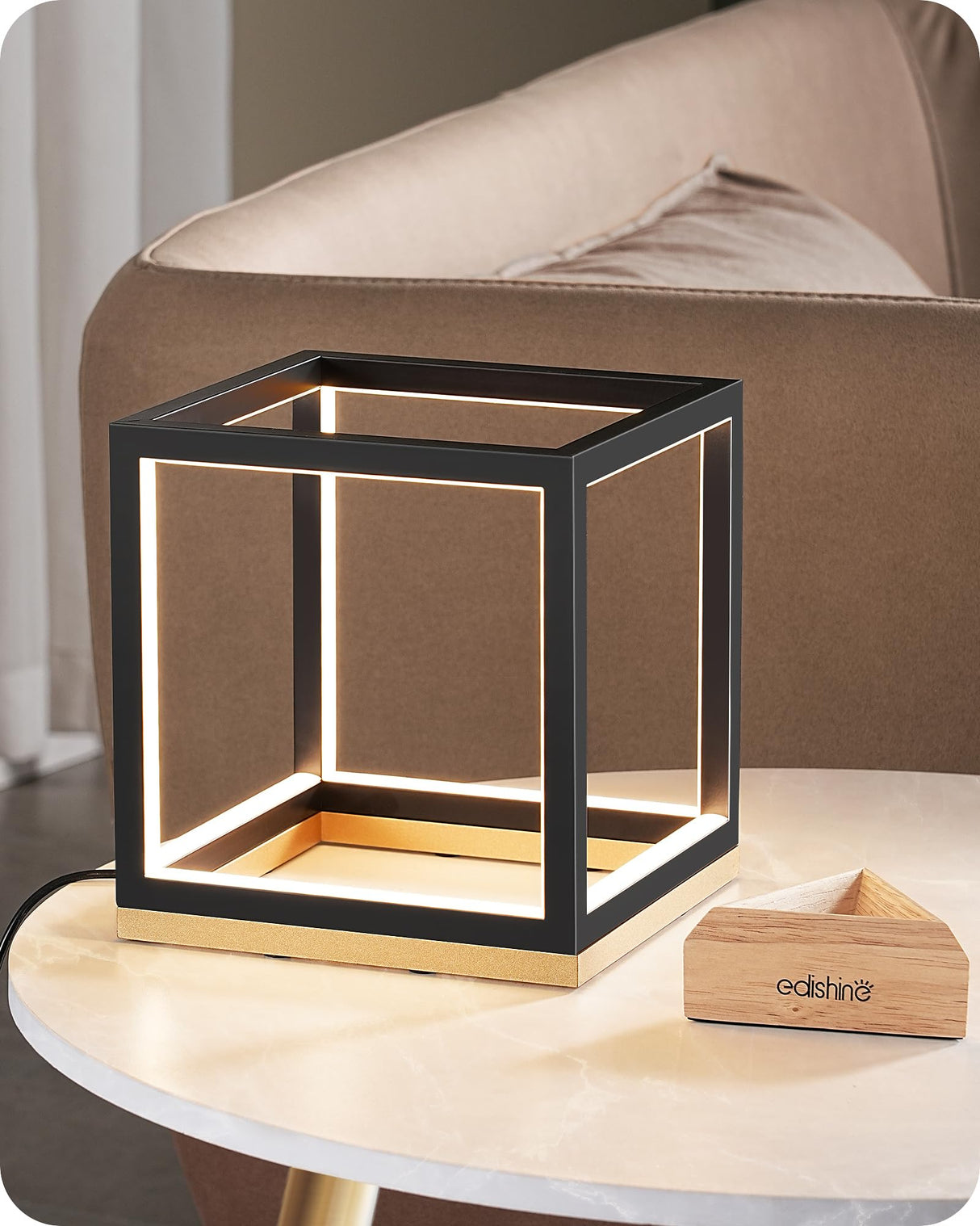 EDISHINE Modern LED Table Lamp, Minimalist Bedside Lamp with Solid Wood Base, 3 Way Dimmable, 3000K/4500K/6000K, 470LM, Black Gold Square Geometric Nightstand Lamp for Living Room, Bedroom, Office EDISHINE
