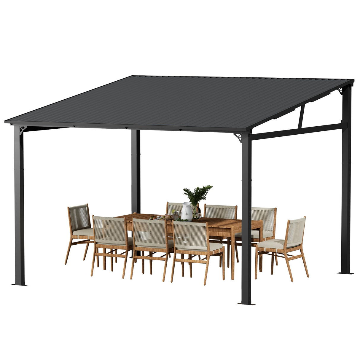 EBE 12' x 12' Hardtop Gazebo, Heavy Duty Lean to Metal Gazebos Outdoor Pergola, Wall Mounted Gazebo with Galvanized Steel, Patio Roof Awning for Patio, Deck, Backyard EBE