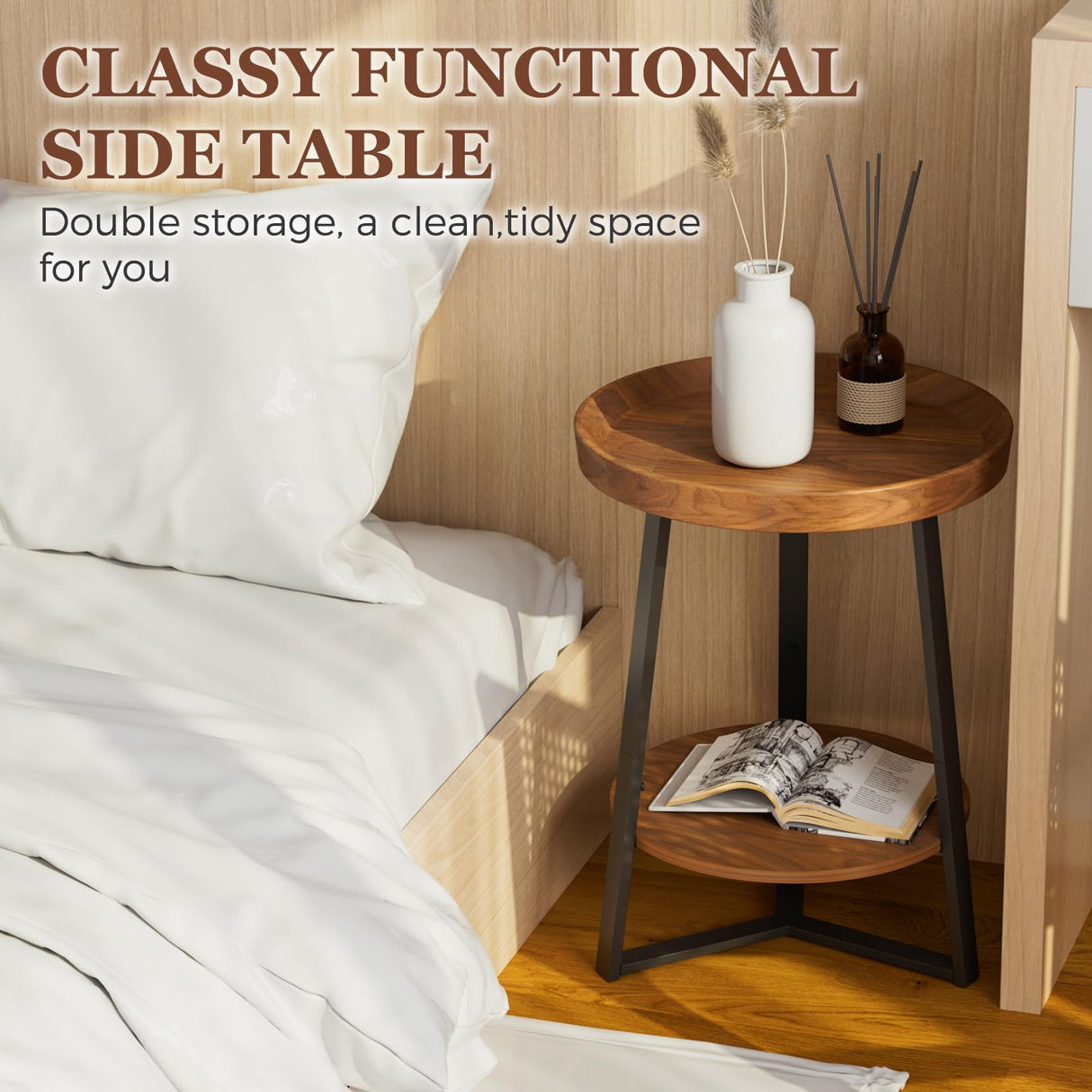 Gadroad Round End Table with Storage Shelf, 2 Tier Farmhouse Side Table Nightstand for Living Room, Bedroom, Wood Tabletop & Black Metal Frame, Brown 15.7 * 15.7 * 23.0inches Gadroad