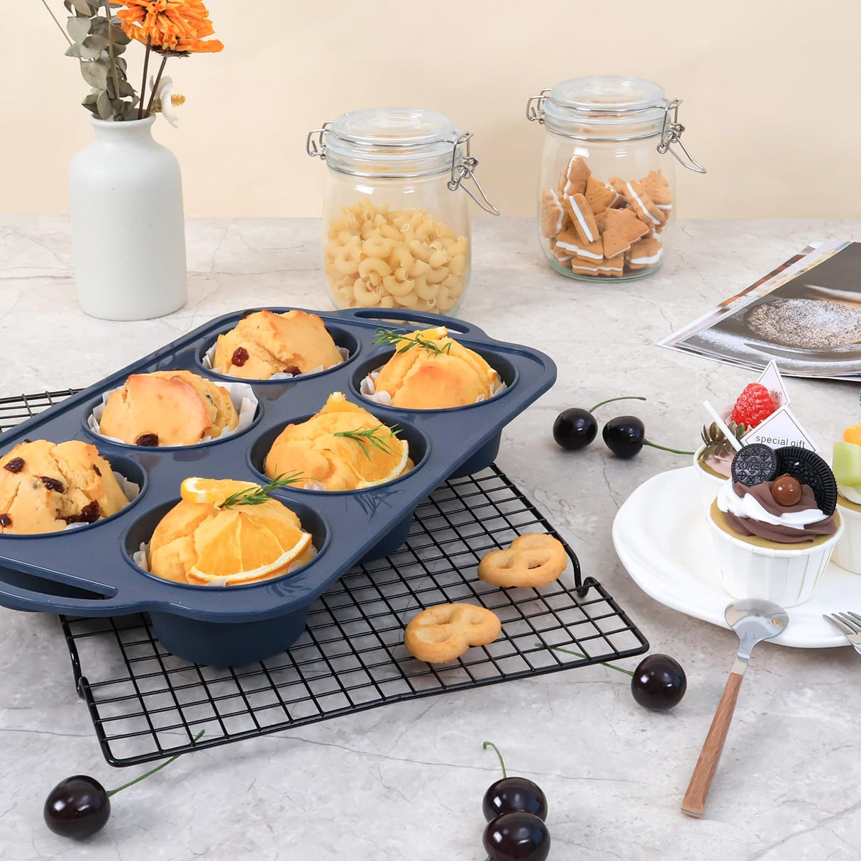 Vnray Jumbo Silicone Muffin Pan with Metal Frame, Non Stick Silicone Cupcake Pan with Handles 6 Cup, BPA Free Silicon Muffin Tin Tray Extra Large for baking, egg bites, Cupcake Mold Grey Vnray