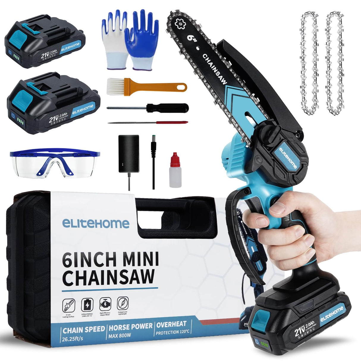 Mini Chainsaw Cordless Mini Chain Saw 6 Inch 2×2.0AH Batteries 2 Chains Electric Handheld Small Chainsaw Battery Powered for Wood Cutting Tree Trimming Courtyard Household and Garden EliteHome
