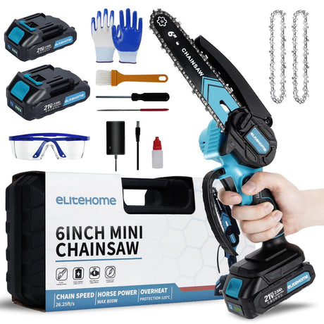 Mini Chainsaw Cordless Mini Chain Saw 6 Inch 2×2.0AH Batteries 2 Chains Electric Handheld Small Chainsaw Battery Powered for Wood Cutting Tree Trimming Courtyard Household and Garden EliteHome