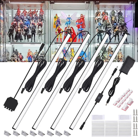 Martronic 4-Pack 12 Inch LED Display Case Lighting Kit, Black Dimmable Bookshelf Light Bars with 12V Power Adapter, 6000K Bright White, Plug-in Slim Lights for Shelves, Curio Cabinets, and Bookcases Martronic