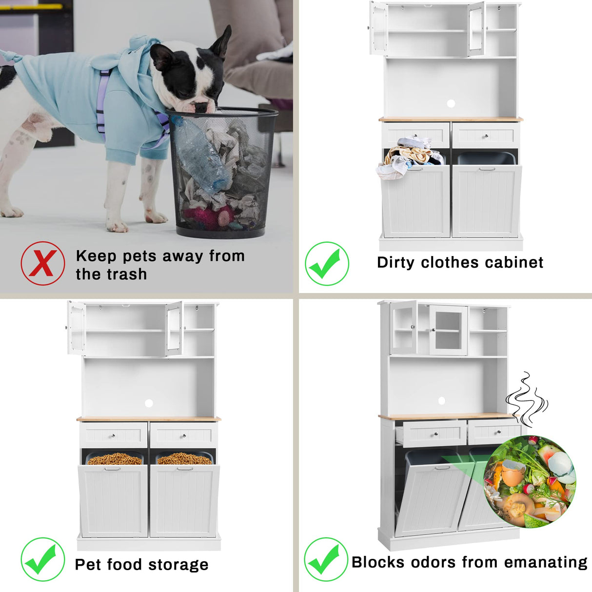 YOCONYO Double Tilt Out Trash Cabinet Storage Cabinet 20 Gallon with Two Solid Wood Hideaway Trash Holder Drawers, Dual Wooden Free Standing Recycling Cabinets Trash Can Bin Kitchen (white) YOCONYO