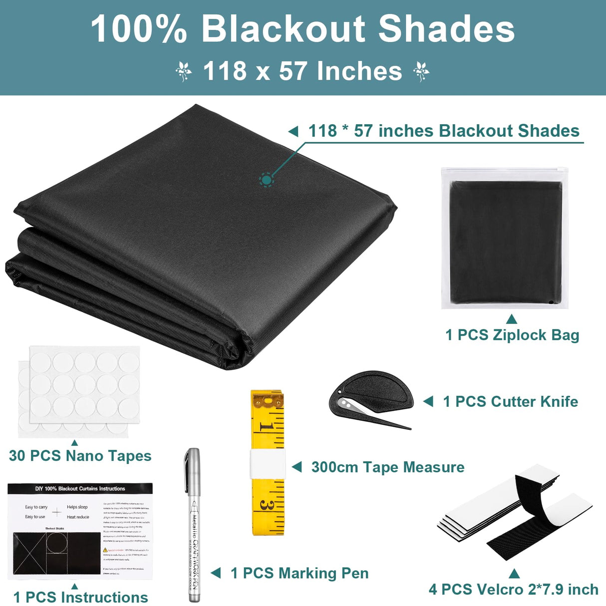 AUYAARS 100% Blackout Curtains 118"x57" Portable No Drill Window Shades for Bedroom, Nursery, RV, Dorm Room, Travel, Temporary Blackout Blinds with Stickers & Tabs, DIY Window Cover (Black) AUYAARS