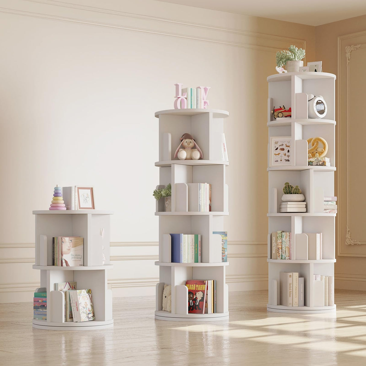 oneinmil Rotating Bookshelf, 360° Rotating Bookcase for Small Space, Corner Bookcase for Bedroom, Living Room, Study Room, 4 Tier, White oneinmil