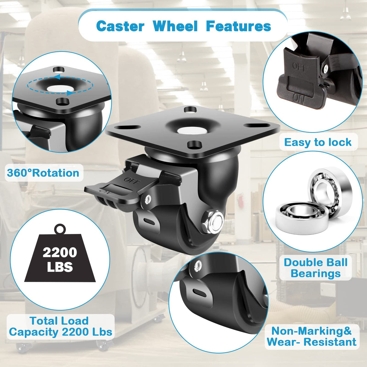 Nefish 2 Inch Caster Wheels with Brake, Extra Width Plate Swivel Caster Set of 4 Heavy Duty Load Capacity 2200 LBS, Sturdy Nylon Furniture Caster Wheels for Cart, Furniture, Toolbox Workbench Nefish