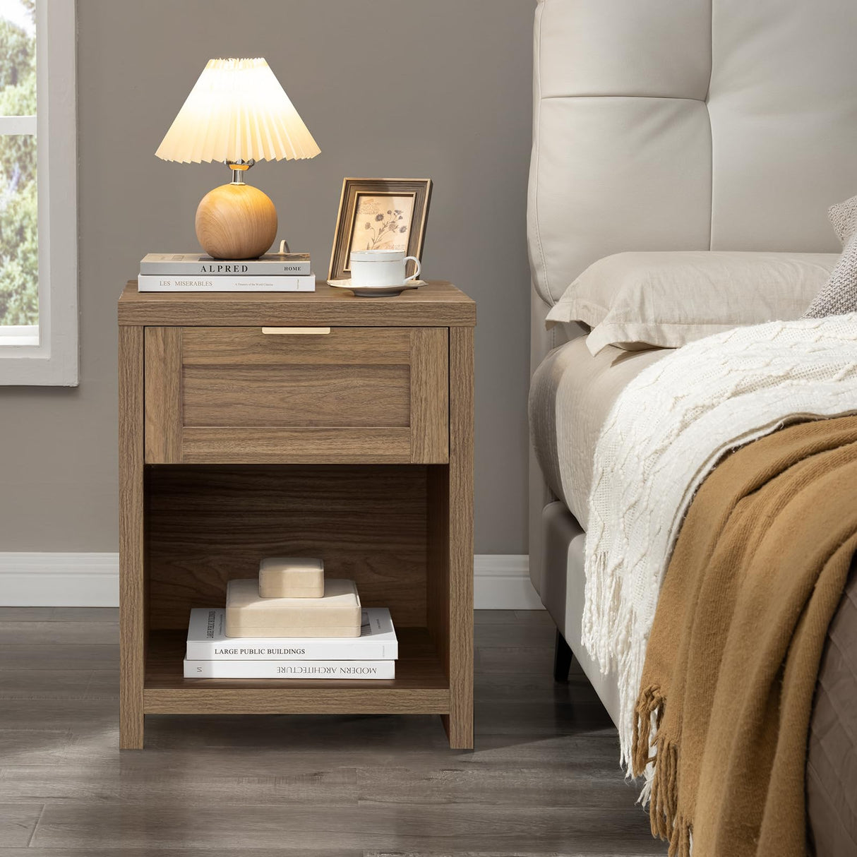 OAKHAM HOME Nightstand, Boho End Table with Drawer and Storage Shelf, Accent Table, Minimalist Sofa/Bed Side Table, for Bedroom Set of 2 (Walnut) OAKHAM HOME
