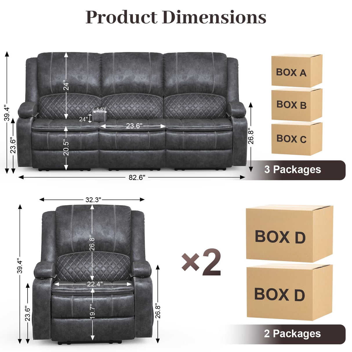 3 Seater Recliner Sofa Set with 2-Tier Cushion, 3+1+1 Pieces in Living Room, 3 Seater Reclining Couch Velvet Fabric with Removable Console, 2 Oversize Recliner Chair Sofa Seat - Grey Yolsali