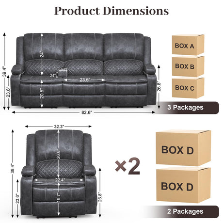 3 Seater Recliner Sofa Set with 2-Tier Cushion, 3+1+1 Pieces in Living Room, 3 Seater Reclining Couch Velvet Fabric with Removable Console, 2 Oversize Recliner Chair Sofa Seat - Grey Yolsali
