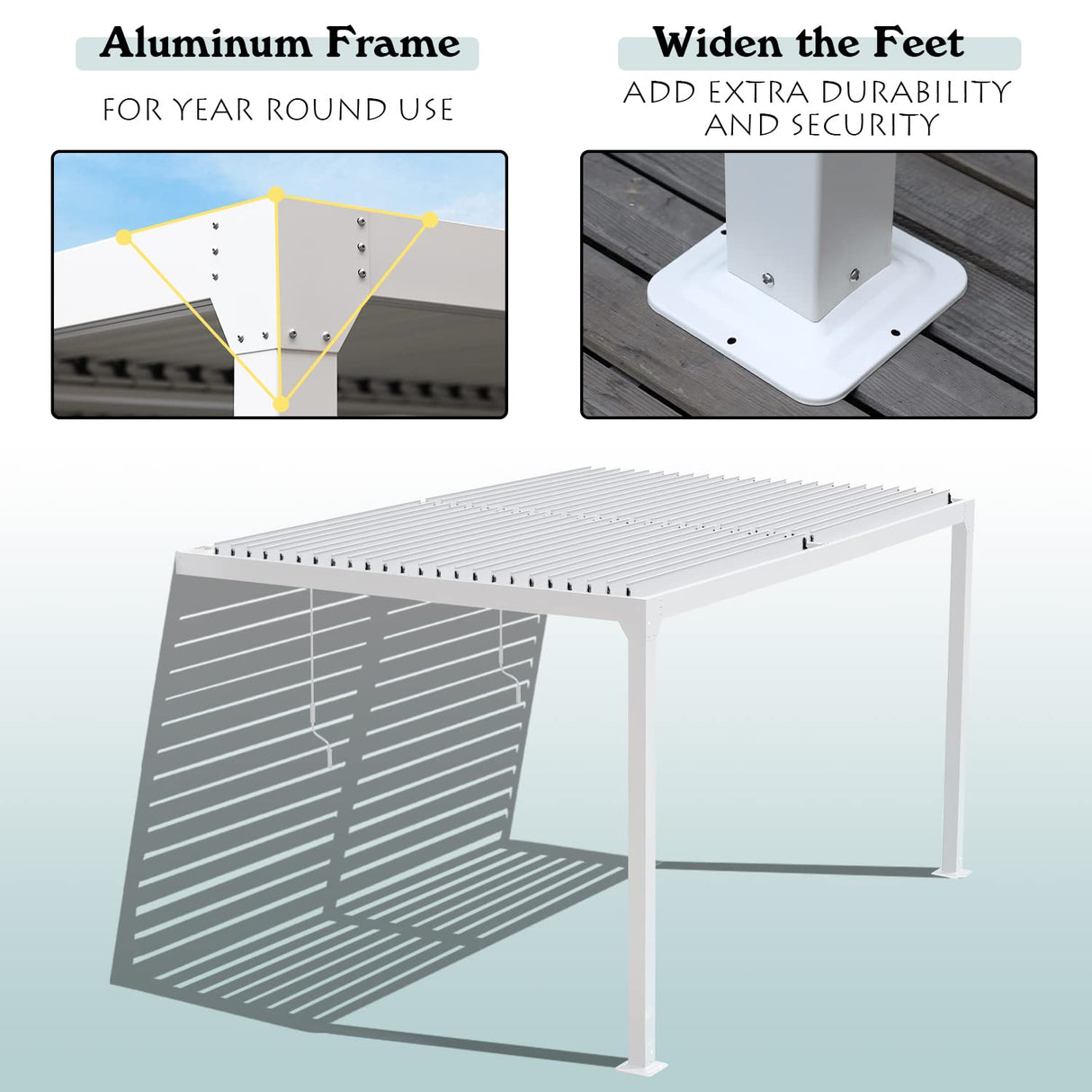 BPS 13 x 10 ft. Outdoor Aluminum Wall Mounted Louvered Pergola Waterproof Gazebo Sun Shade Shelter with 2 Adjustable Rainproof Panels for Patio, Garden, Backyard Lawn & Garden - White BPS