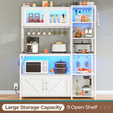 Itaar Bakers Rack with Power Outlet and LED Light, 45.3 Inch Farmhouse Coffee Bar Cabinet, Kitchen Microwave Stand with Storage, Glass Cabinet, Goblet Holder and 8 Hooks (White) Itaar